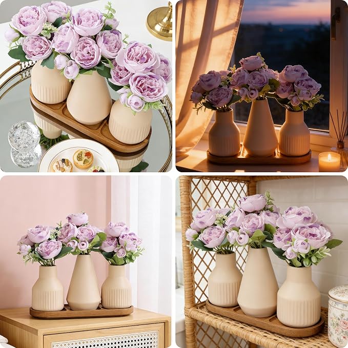 Flower Table Centerpiece - Dining Table Centerpiece Decor Set of 3 Fake Peonies in Ceramic Vases & Wood Tray Modern for Kitchen Island Living Room Coffee Table Home Decor (Light Purple)