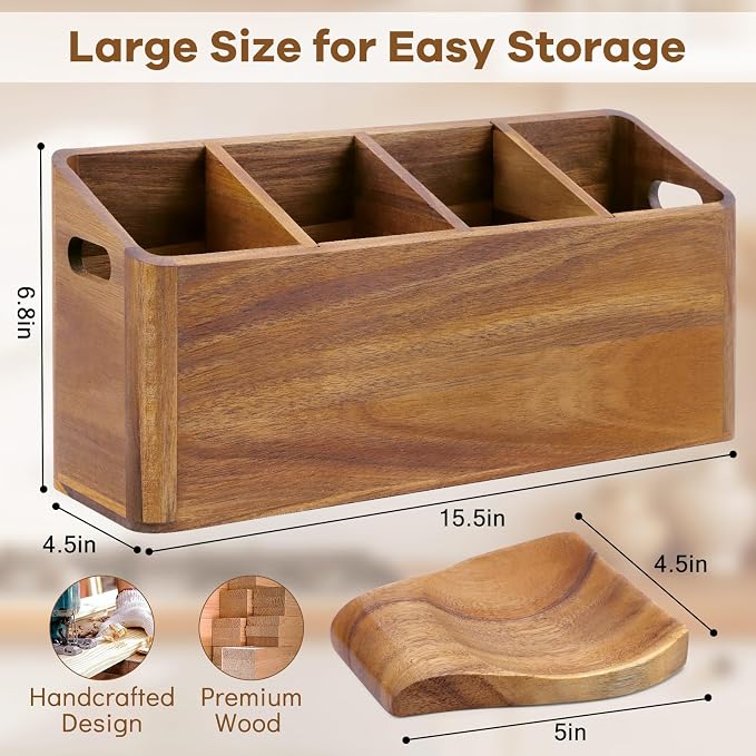 Wooden Kitchen Utensil Holder Countertop, Wooden Cooking Utensil Holder | Wood Kitchen Utensil Organizer 4 Compartments, Countertop Spoon HolderDecor