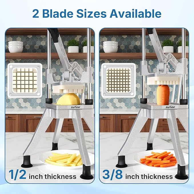 Commercial French Fry Cutter, Heavy Duty Potato Slicer with 1/2 Inch and 3/8 Inch Blade, Professional Fries Cutter for Restaurant & Home Kitchen, Stainless Steel
