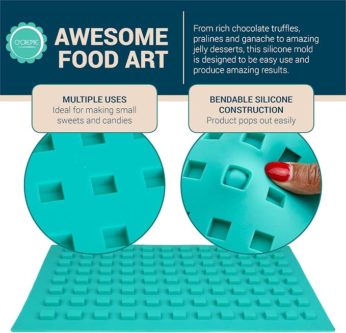 O'Crème Square Mini Brownie Silicone Molds - Commercial and Non-Commercial Use - Square Molds for Chocolate Truffles, Ganache, Jelly, Candy, Pralines and Caramels