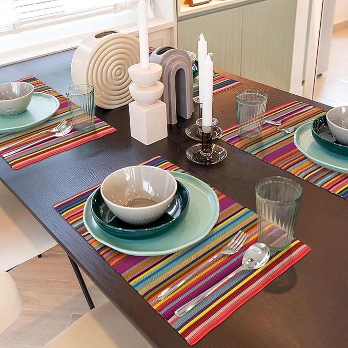 Niviy Bright Colorful Striped Placemats Set of 2, 12x18 Inch Rainbow Colored Geometric Pattern Table Mats for Holiday Party Kitchen Dining Room Decoration