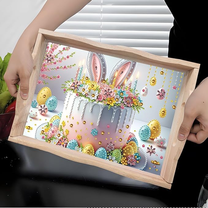 BAYUNOE DIY Diamond Serving Tray Rectangular Breakfast Tray with Handle Handmade Diamond Art Painting Wooden Tray Spring Creative Dinner Plate Coffee Room Living Home Organizer-Easter Cake