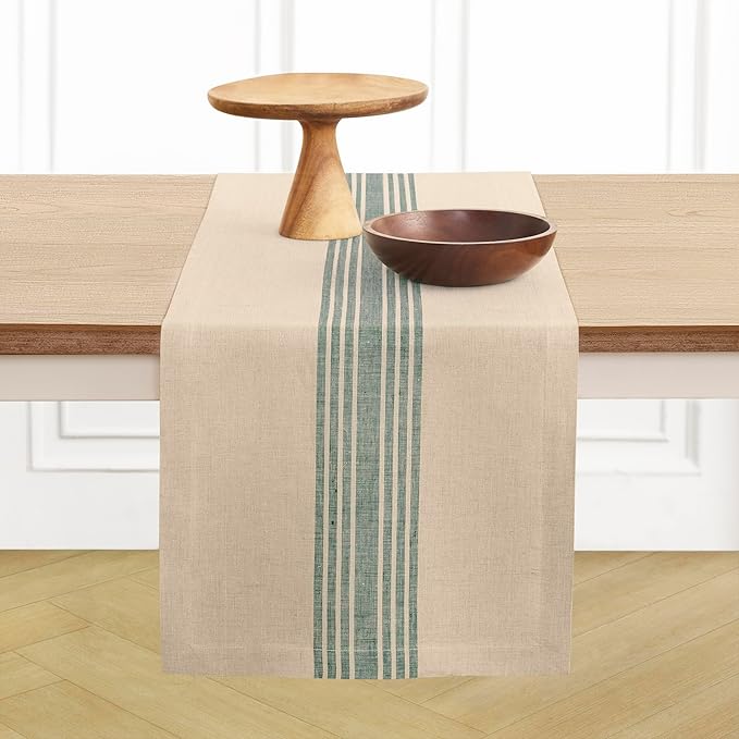 Solino Home Stripe Linen Table Runner 144 Inches Long - 100% Pure Linen Green and Natural Farmhouse Table Runner 14 x 144 Inch for Dining, Summer