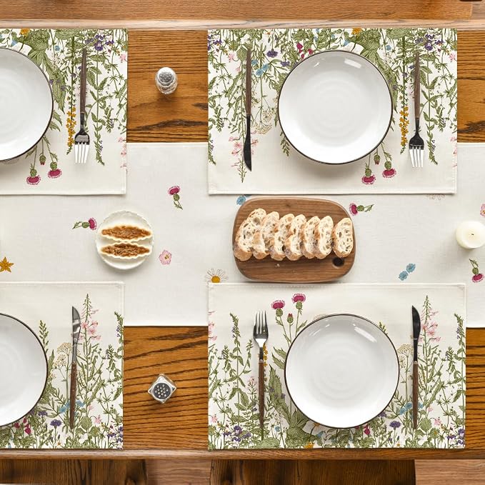 Artoid Mode Antique Herbs and Wild Flowers Spring Placemats Set of 6, 12x18 Inch Seasonal Summer Table Mats for Party Kitchen Dining Decoration
