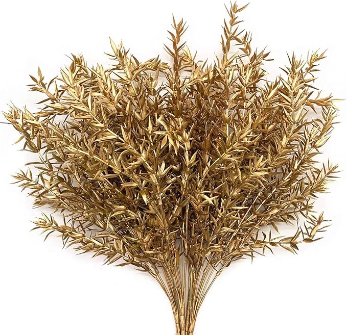 CATTREE Christmas Artificial Plants, Plastic Grass Faux Shrubs Fake Leaves Simulation Sharp Bushes Home Indoor Outdoor Garden Wedding Festival Decoration Hall Table Planter Filler – Gold 4 Pack