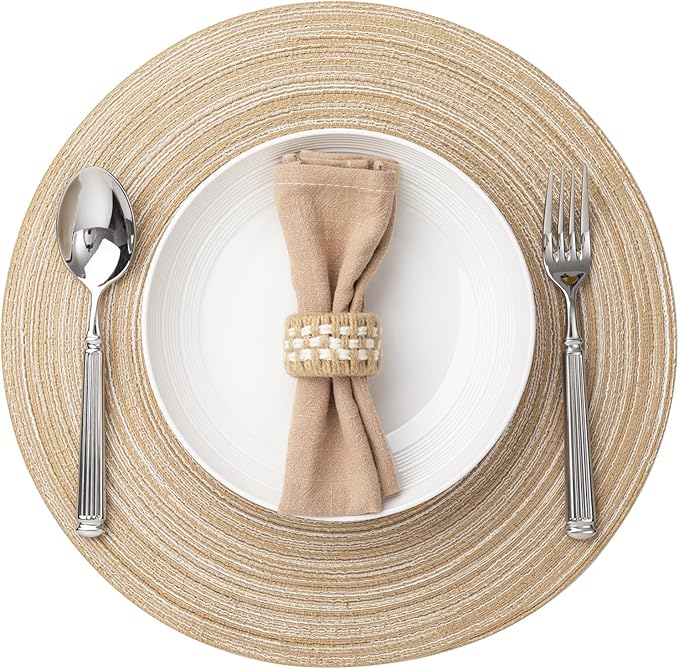 Round Placemats Set of 6 Woven Placemats Washable Braided Table Mats for Dining Table Heat Resistant Non-Slip Circle Place Mats(Beige)