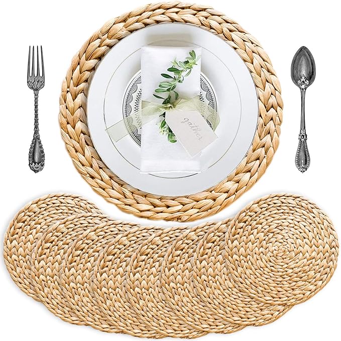 Woven Placemats Set of 8, Table Mats Set of 8, Water Hyacinth Round Placemats for Round Table, Chargers for Dinner Plates, Wicker Chargers for Dinner Plates, Woven Placemat, Place Mats 11.8 in