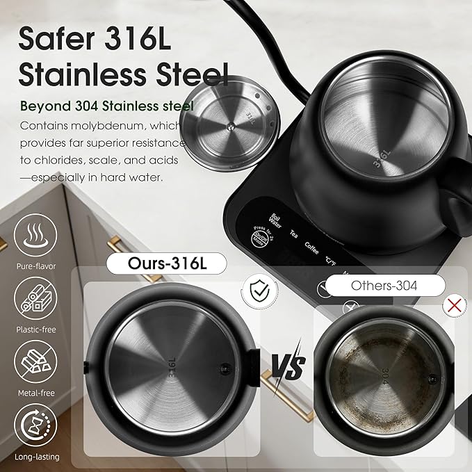 Gooseneck Electric Kettle Temperature Control: ±1℉ Precise Target | 316L Stainless Steel Electric Kettles for Boiling Water, Pour Over Coffee & Brew Tea, 1000W Quick Heating, 2h Keep Warm, 0.8L