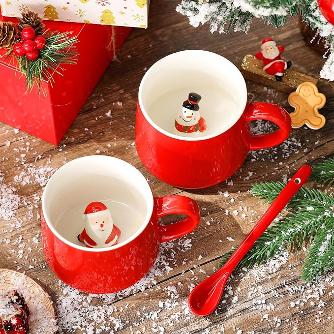 Uiifan 2 Sets 3D Christmas Coffee Mugs with Ceramic Spoon Santa Snowman Cups 13.5 oz Cute Hot Cocoa Mug Animal Inside Mugs Cartoon Ceramic Cup Christmas Gifts for Women Men Birthday Party Supplies