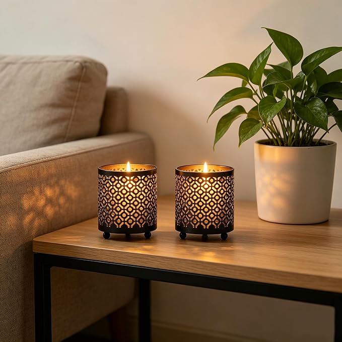 Hosley Set of 2 Black (Gold Inside) Metal Jar Holder Candle Sleeve 4.5" High. Votive, Tea Light Lanterns Ideal Gift for Weddings, Parties, Spa and Aromatherapy O6