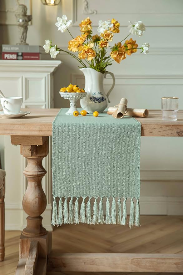 ZeeMart Sage Table Runners 48 Inches Long, Burlap Linen Style Rustic Farmhouse Table Runner, Small Short Boho Coffee Table Runner, 13x48 Inches, Seafoam