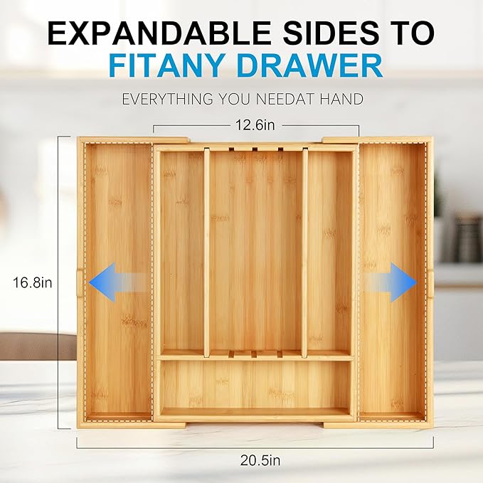Bamboo Expandable Drawer Silverware Organizer (12.6-20.5") | 3 removable dividers,5 tracks for custom storage. Multi-use for utensils, stationery, tools. Durable bamboo, wipe clean