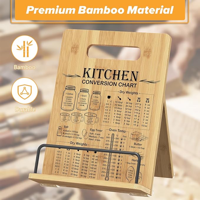 Cookbook Stand-Wooden Recipe Book Holder, Adjustable Cooking Book Stand for Kitchen Counter, Recipe Card Holder Shelf with Measurement Conversion Chart, Nice Gift for Cooking Lover,Wood