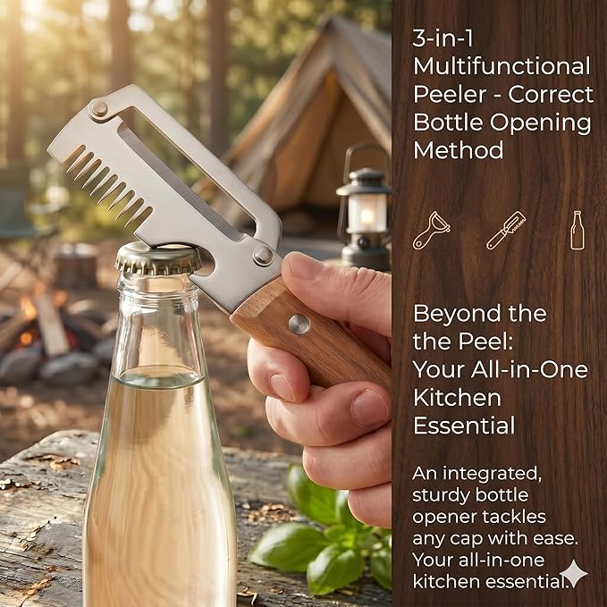 New Multifunctional Vegetable Peeler with Wooden Handle, 3-in-1 Stainless Steel Vegetable Peeler with Built-in Bottle Opener for Kitchen, Hand Held Peeler Slicer Kitchen Tool for Fruit and Vegetable