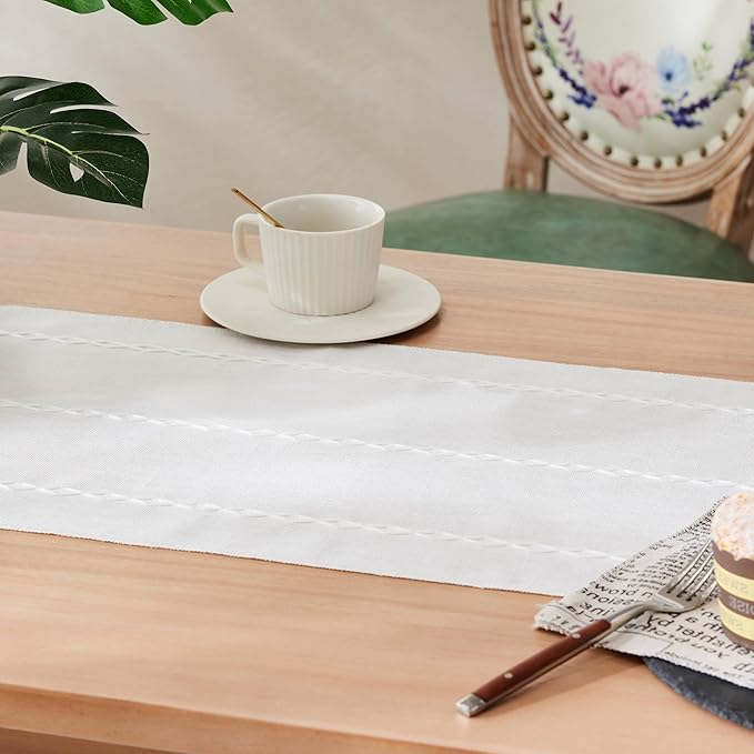 Braided Farmhouse Table Runner, Braided White 13x48 Inch, Cotton Linen Table Runners 48 Inches Long, Embroidered Striped White Boho Table Runner Rustic Home Decor
