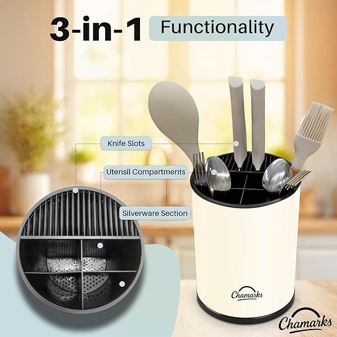 3-in-1 Kitchen Utensil Holder for Countertop with Knife Block and Silverware Caddy. (Cream)