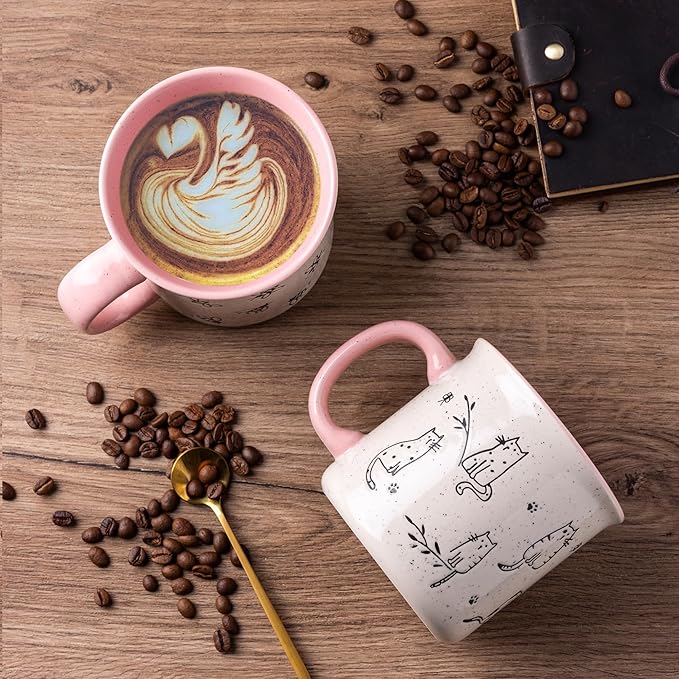AmorArc 22 OZ Large Ceramic Coffee Mugs Set of 2, Oversized Mugs With Big Handle for Men Women Dad Mom, Big Mug With Textured Dogs Cats Patterns for Office & Home -Microwave Safe, 2 Pcs-Pink