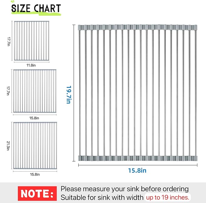 Roll Up Dish Drying Rack 19.7" x 15.8" Over The Sink Dish Drying Rack, Kitchen Dish Rack Stainless Steel Dish Drying Rack for Kitchen Sink Counter Storage (Grey)