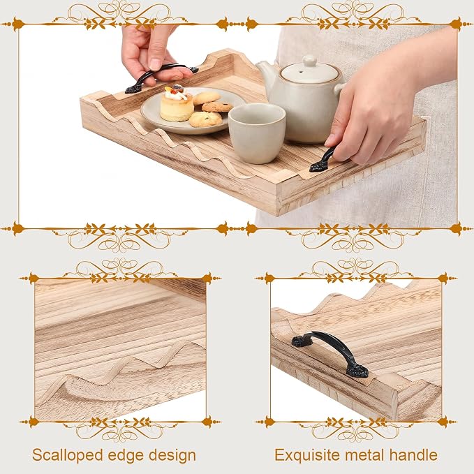 4 Pcs Rustic Wood Scalloped Serving Tray Wood Decorative Serving Tray with Handle Rustic Rectangular Platter 13 x 9.5 for Farmhouse Ottoman Breakfast Coffee Table Home Kitchen Decor(Burnt)