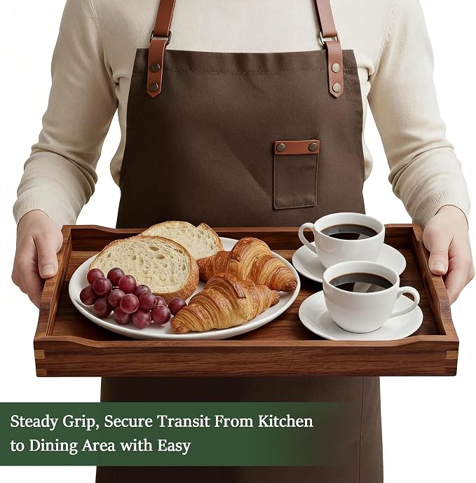 Acacia Wood Serving Tray with Handles, Rectangular Wooden Ottoman Tray for Coffee Table, Breakfast in Bed, Drinks, Kitchen Countertop and Home Decor