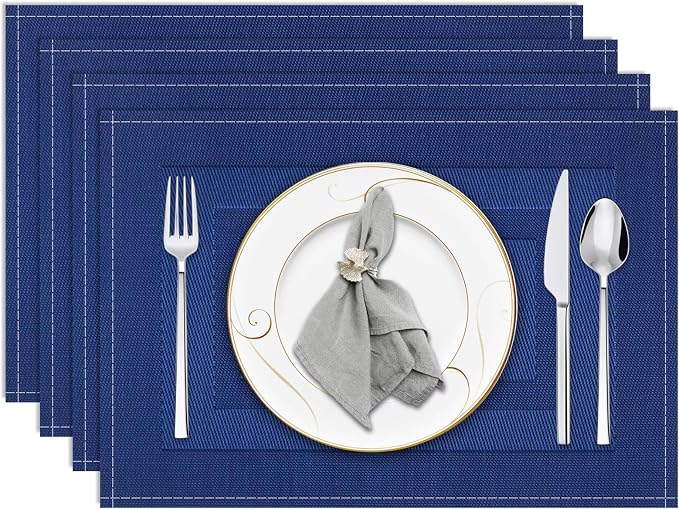Niviy Navy Blue Placemats Set of 4, 12x18 Inch Washable Easy to Clean Heat-Resistant Anti-Skid Grey Placemats for Holiday Party Kitchen Dining Room Decoration