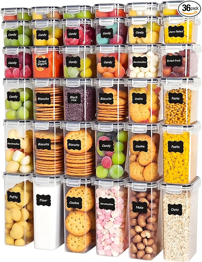 36 PCS Airtight Food Storage Containers with Lids, BPA Free Clear Plastic Kitchen and Pantry Organization and Storage Set for Flour, Sugar, Cereal, Pasta, Includes 36 Labels and Marker