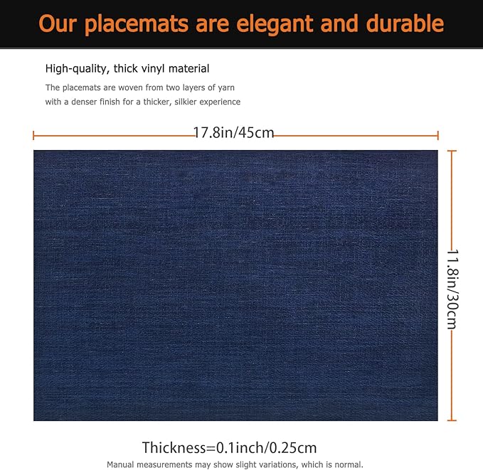 Placemats Set of 8 Washable&Wipeable Place mats for Dining Table Kitchen Indoor Outdoor Table Mats Heat Resistant Non Slip Woven Vinyl Table Placemats (Navy Blue，8PCS)