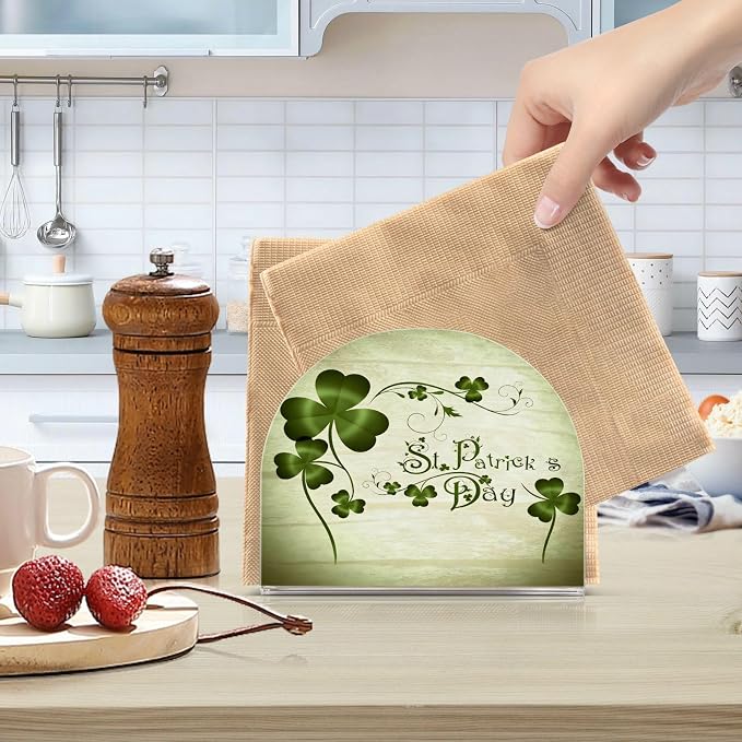 Grunge St Patricks Day Clover Leaves Napkin Holder for Tables Paper Cocktail Napkin Holders for Kitchen Dinning,Acrylic Dinner Napkin Dispenser for Restaurant Home Decor Bar Accessories 2 Pack