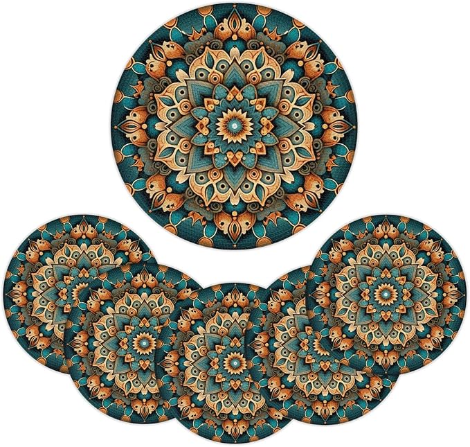 Round Placemats Set of 4, Ethnic Floral Mandala Flowers Pattern Woven Placemats Mats Non-Slip Heat Resistant Washable Table Mats Round Braided Place for Farmhouse Kitchen Dining Party Decor 15in