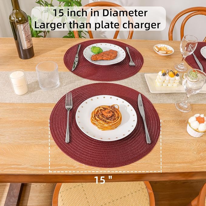 SHACOS Round Placemats Set of 12 for Dining Table 15 inch Round Braided Place Mats Cotton Polyester Washable Non Slip Kitchen Table Mats, Burgundy