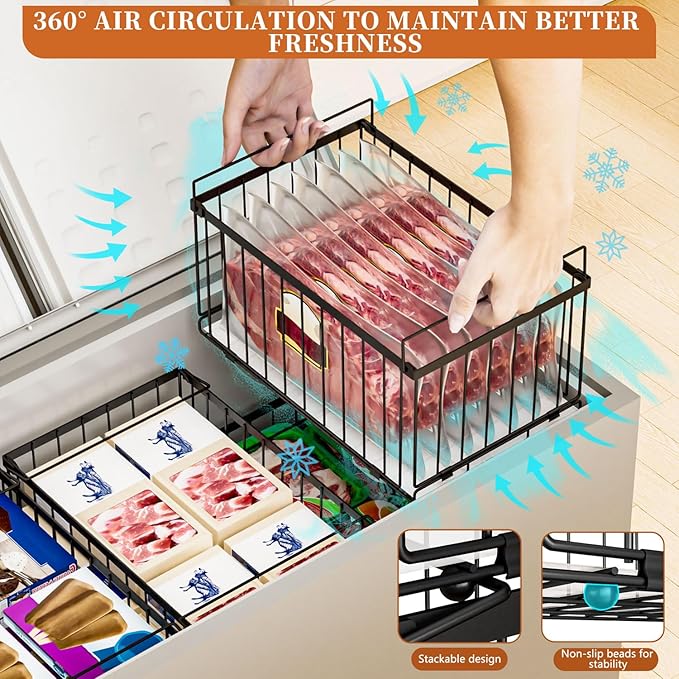 Large Freezer Organizer Bins, Upgrade One-Touch Open/Close, for 5-9 Cu.Ft Deep Freezer, 3 Pack Stackable Deep Freezer Organizer Bins, Black Wire Foldable Baskets (Black 3 Pack)