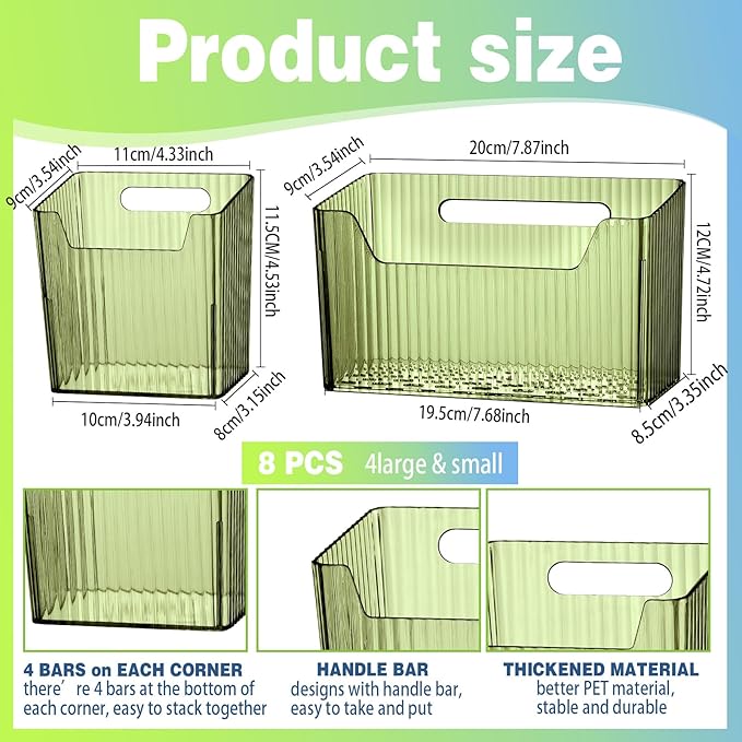 SiliFine 8 Pcs Storage Organizer Bins Wall Mounted Organizer Basket Plastic Cabinet Door Bins Stackable Hanging Baskets for Organizing for Wall Refrigerator Kitchen Bathroom Pantry(3.94'',Green)