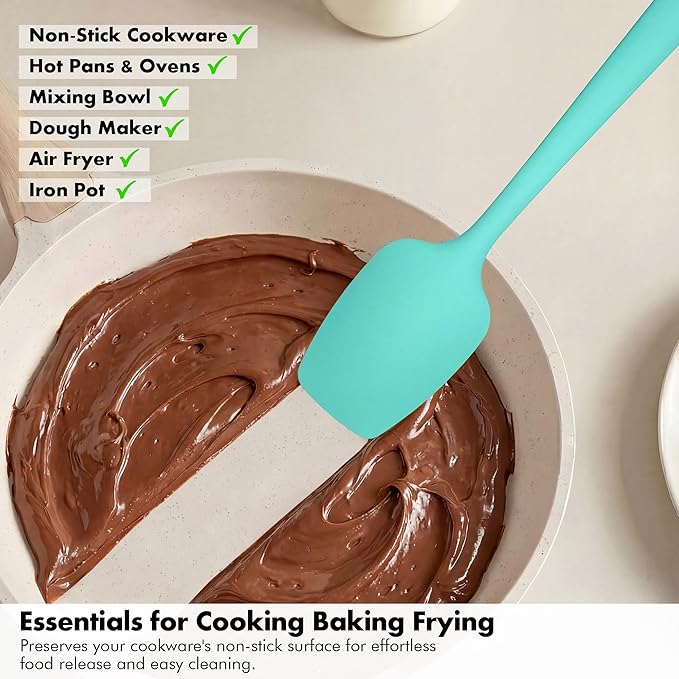 Silicone Spoonula Set: 600ºF Heat Resistant Food Grade Cooking Baking Utensils, Kitchen Flexible Nonstick Rubber Pan Spoon Spatula for Mixing, Scrambling, Scooping (3 Pieces, Aqua Sky)