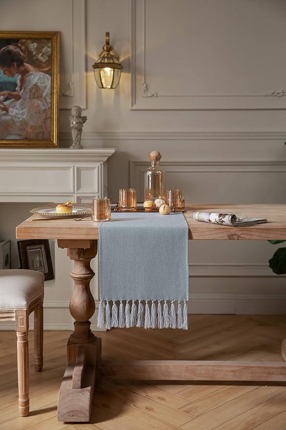 ZeeMart Dusty Blue Table Runners 48 Inches Long, Burlap Linen Style Rustic Farmhouse Table Runner, Small Short Boho Coffee Table Runner, 13x48 Inches, Light Dusty Blue