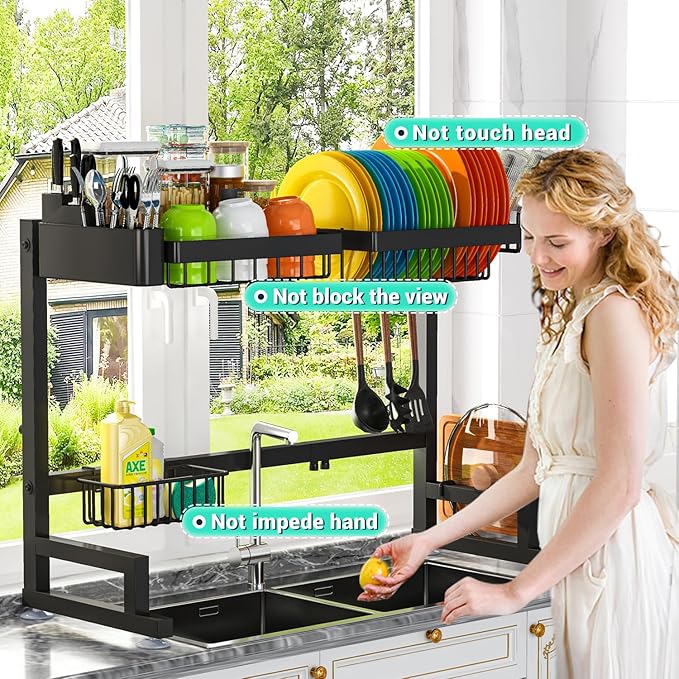 ADBIU 【Fit Sink 24.5"- 32" L 2023 Version Over Sink Dish Drying Rack (Expandable Dimension) Snap-On Design 2 Tier Large Kitchen Dish Rack Stainless Steel Counter Organization and Storage