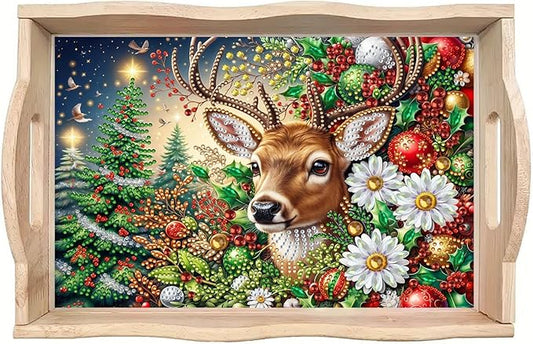 DIY Diamond Art Painting Serving Tray Creative Design Handmade Wooden Rectangular Snack Tray Dinner Plate Drill Craft for Coffee Living Room Home Organizer-Christmas Deer