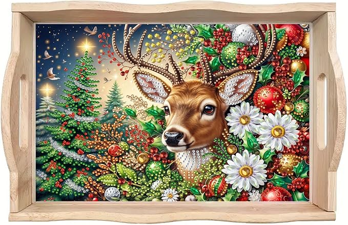DIY Diamond Serving Tray with Handle Handmade Gem Painting Wooden Rectangular Breakfast Tray for Dinner Plate Coffee Room Living Home Organizer-Christmas Deer