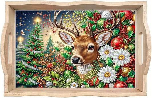 DIY Diamond Serving Tray with Handle Handmade Gem Painting Wooden Rectangular Breakfast Tray for Dinner Plate Coffee Room Living Home Organizer-Christmas Deer