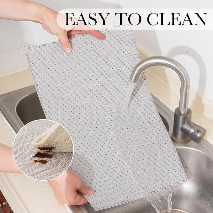 BACKTOEDEN Placemats Set of 8 Heat Resistant Washable Wipeable Placemat Woven Non-Slip Foldable Vinyl/Plastic Place Mats Indoor/Outdoor Mat Kitchen Dining Table Pad, Light Gray Twill