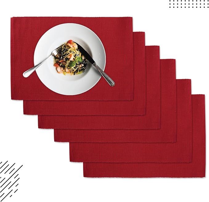 Encasa XO Dining Placemat Set of 6 | Solid Red Color | Fine Ribbed Cotton Table mat | Size 19x13 in | Machine Washable