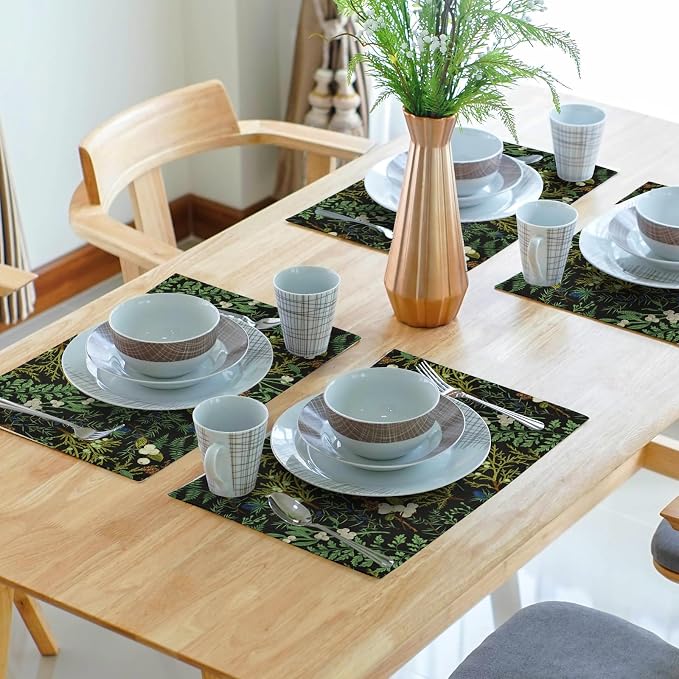 Spring Green Leaves Placemats Set of 6 Botanical Fern Leaf Floral Place Mats Washable Kitchen Dining Summer Black Linen Table Mats Stain Heat-Resistant for Home Party Indoor 12x18 in