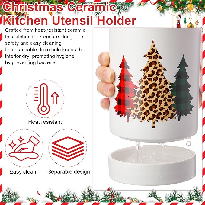 Christmas Tree Kitchen Decoration Ceramic Kitchen Utensil Holder Crock Spoon Organizer for Countertop Table Decorations Coffee Spoon Holder Jar for Cooking Tools