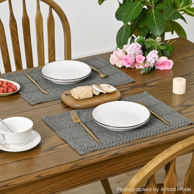 Artoid Mode Dark Grey Farmhouse Woven Rustic Hollow Placemats Set of 6,12x18 Inch Seasonal Holiday Table Mats Party Kitchen Dining Decoration