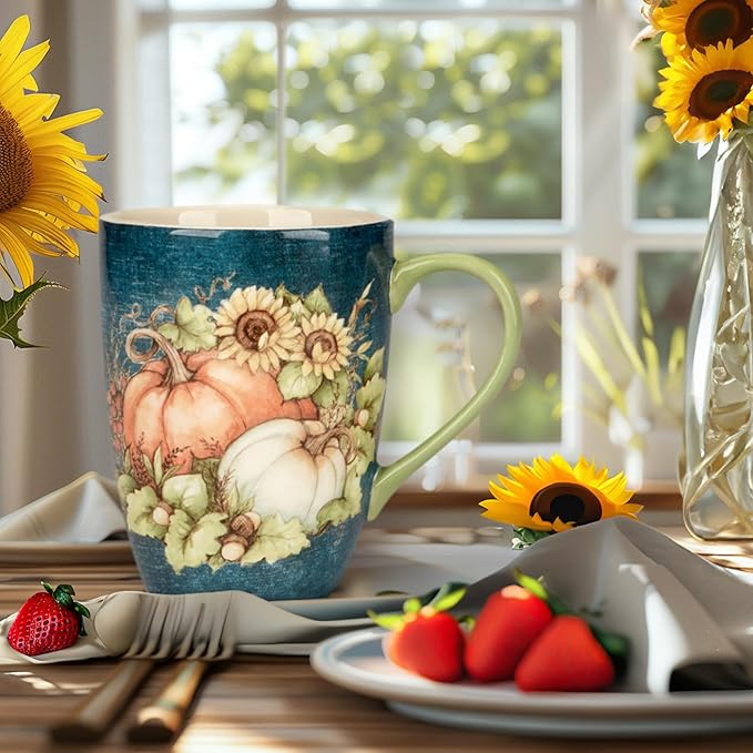 Autumn Breeze Set of 4 Ceramic Mugs – Sip coffee, tea, or cider in these beautifully detailed mugs adorned with pumpkins and sunflowers, adding cozy fall warmth to your mornings, 20 oz