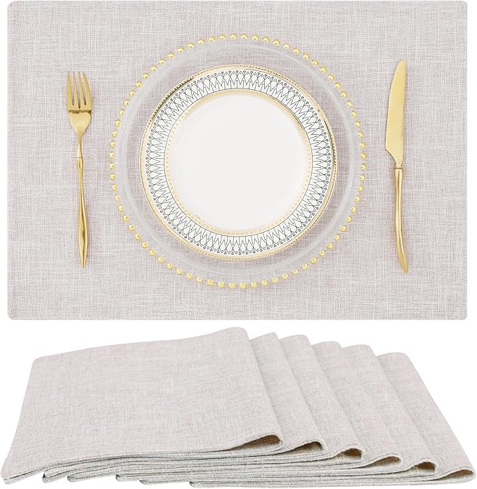 homing Faux Cotton Linen Placemats Set of 6, Cloth Washable Farmhouse Dining Table Mats for Indoors & Outdoors, Easy to Clean, Neutral Beige, 13 x 19 Inch