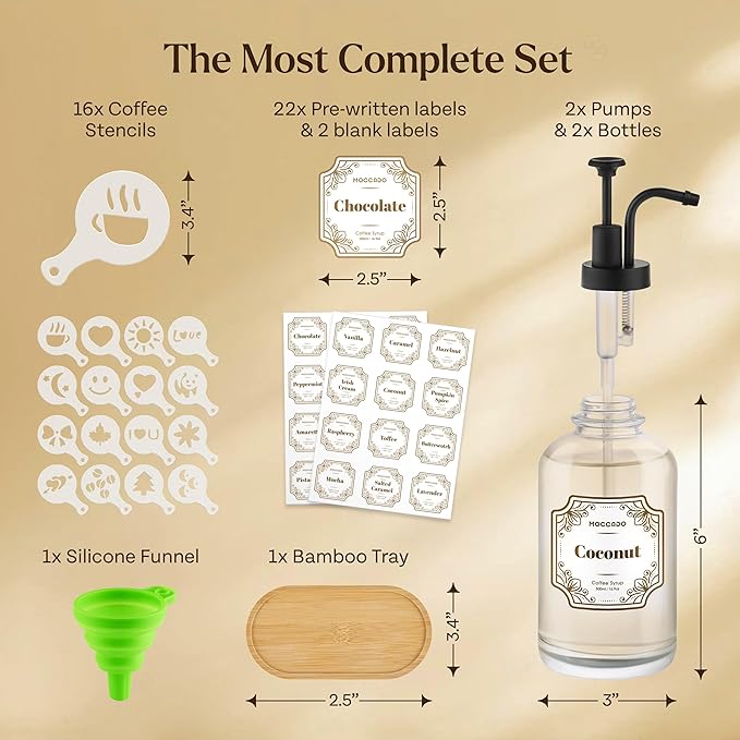 Glass Coffee Syrup Dispenser for Coffee Bar - Set of 2 Black 500 ml / 16.9 oz Glass Syrup Bottles, Includes Bamboo Tray, 16 Stencils, Labels, Coffee Bar Accessories