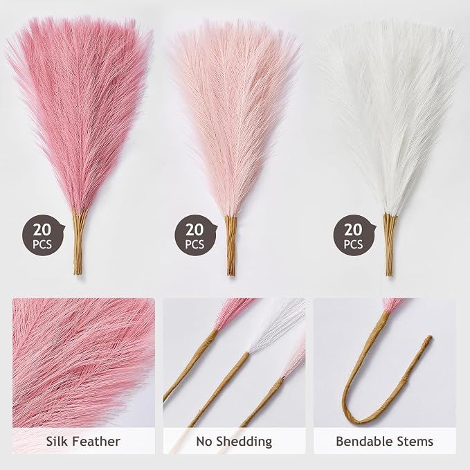 Serwalin 60 Pcs Pampas Grass, 17.7" Pink Pampas Grass Decor, Faux Pampas Grass Home Decoration Wall Decor Vase Filler for Wedding Centerpieces Party Decorations, Pink Valentines Decor