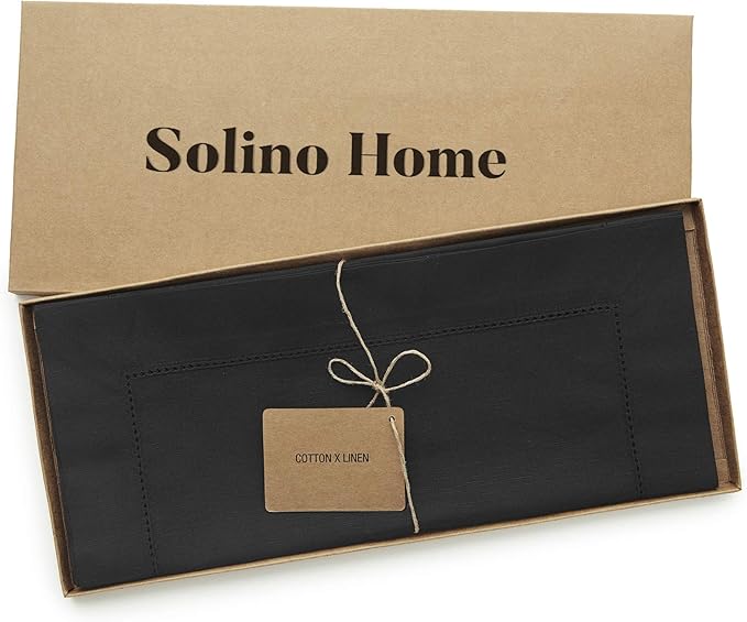 Solino Home Black Table Runner 48 Inches - Cotton Linen Hemstitch Coffee Table Runner 14 x 48 Inch Ideal for Dresser Tables - Spring, Summer