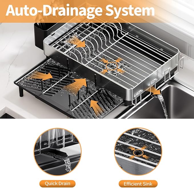 Urackify Large Dish Drying Rack, 304 Stainless Steel Dish Rack for Kitchen Counter, Expandable Dish Drainer with Cutlery Holder, Multifunctional Space Saving Organizer, Black