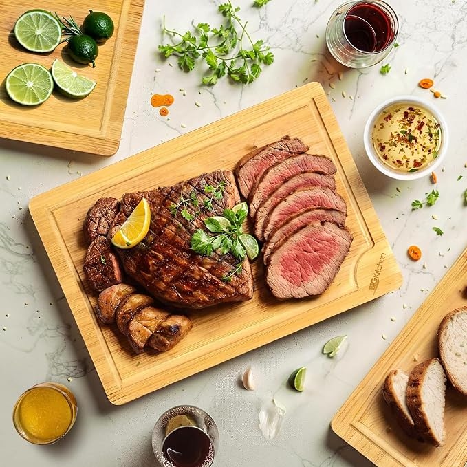 Big Kitchen 3-Piece Bamboo Cutting Board for Kitchen Butcher Block for Chopping Meat, Veggies & Cheese Durable Non-Plastic Wooden Chopping Board with Juice Groove & Easy Grip Handles